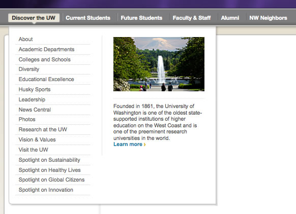Screen shot of the University of Washington web menu, which includes rich multi-column dropdown menus with sub-menu items, images, and text